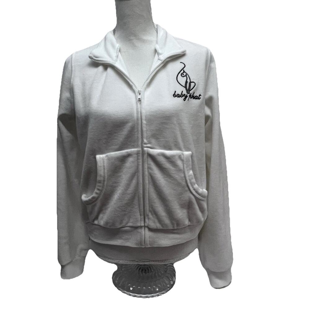 Baby Phat White Velour Womens Zip Up Track Jacket Medium Embroidered Cat Logo